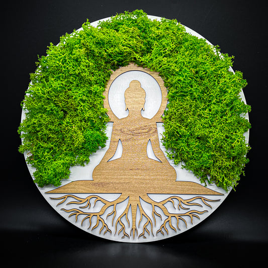Wandbild Buddha mit konserviertem Islandmoos | Flachlandmoos | Laser Technology | nachhaltig Produziert in Deutschland