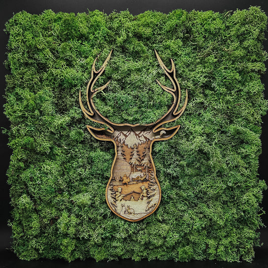 Wandbild 3D Hirsch aus Holz, mit konserviertem Islandmoos | nachhaltig produziert in Deutschland